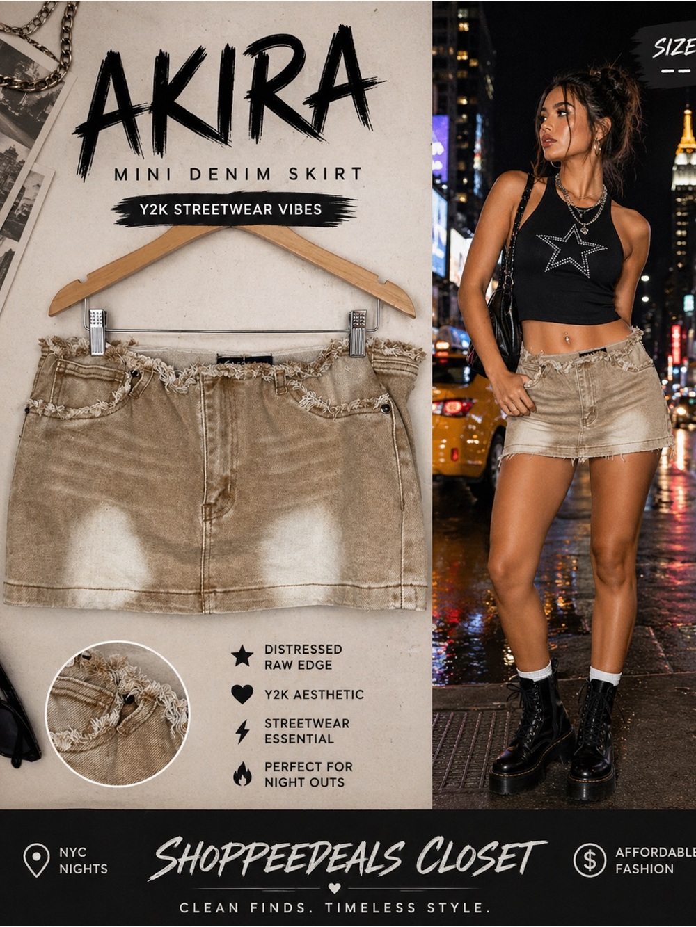 AKIRA Distressed Mini Denim Skirt Raw Hem Y2K Streetwear Tan